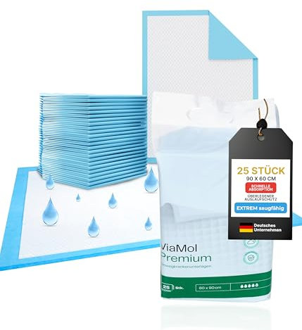 ViaMol® 25x Inkontinenzunterlagen Einweg 60x90 cm – Saugstarke Krankenunterlagen 5-lagig, 1400 ml/m² – Weiche & rutschfeste Bettunterlagen bei Inkontinenz – Kranken- & Wickelunterlagen Einmalgebrauch
