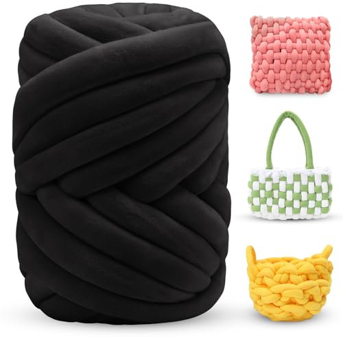LEREATI Fettuccia per Borse a Uncinetto, Filato Gigante 500g Filato di Lana Morbida Chunky Yarn Tubolare, Gomitoli Lana Grossa per Coperte a Mano, Animali Domestici, Letto (Nero)