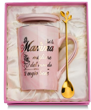 Regalo Mamma Compleanno - Tazza 400ml 'Sei la Migliore del Mondo, Ti Voglio Bene' - Con Coperchio, Cucchiaio, Biglietto - Idea da Figlia/Figlio per Festa Della Mamma