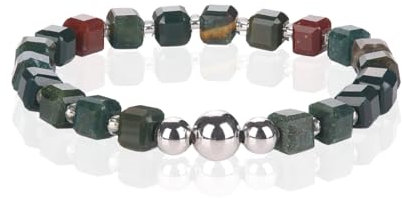 MetJakt Natürliche Harmonie 18K Vergoldet Kugelarmband mit 8MM Naturstein Perlen und Würfel Edelstein Strecken Armbänder für Frauen und Männer (Orientalischer Jaspis -Silber)