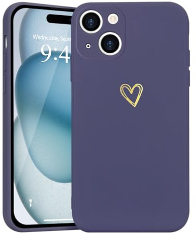Wirvyuer for iPhone 15 Plus Cute Heart Case for Women, Deep Purple | Skin-feel Soft Silicone, Love-Heart Pattern Design Phone Case, Shockproof Protective Slim TPU Bumper Cover for Girls