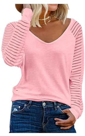 DINGJIUYAN Long Sleeve Tops Women Raglan Sheer Striped Sleeve V Neck Plain Shirts Loose Casual Dressy Tunic Blouse Pink S