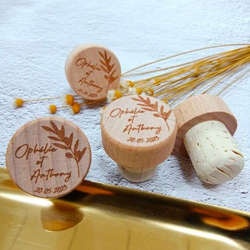 MXN Tappo in sughero per vino in legno con incisione personalizzata, tappi e borse per bottiglie di vino, bomboniere personalizzate per gli ospiti (50 pezzi)