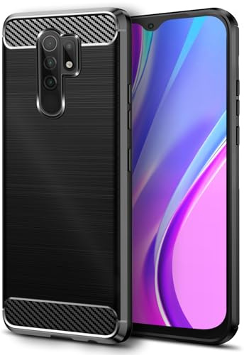 Qiinogow Ultradünne Handyhülle für Xiaomi Redmi 9/9 Prime/Poco M2, Schwarz | Kohlefaser Textur Handyhülle mit Stoßfest Kratzfest, Gebürstete Oberfläche, aus TPU