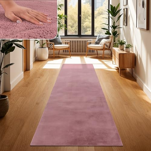 Paco Home Teppich Wohnzimmer Kunstfell weich waschbar modern elegant pflegeleicht Felloptik Uni Seidenglanz flauschig Hochflor, Grösse:80x300 cm, Farbe:Lila Rosa