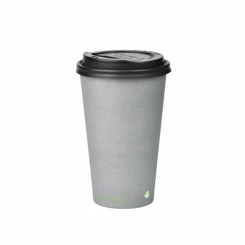 BIOFUTURE Biodegradable Coffee Cups – Grey, 50 Count Disposable, 16 Ounce Paper Cups with Lids – Eco-Friendly and 100% Compostable – Ideal for Tea, Coffee, and Hot Drinks (50 Pcs, Grey, 16oz)