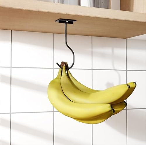 saffruff 1-Stück selbstklebende Bananenhaken, zusammenklappbar mit Magneten bei Nichtgebrauch, Bananenaufhänger aus Metall, Haken unter dem Schrank für Bananen oder andere Küchenutensilien