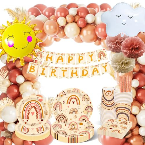 Ensemble de vaisselle pour anniversaire d'enfant - Style bohème - Arc-en-ciel - Assiettes en carton - Avec guirlande de ballons arc-en-ciel bohème - Pour 16 invités