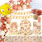 Ensemble de vaisselle pour anniversaire d'enfant - Style bohème - Arc-en-ciel - Assiettes en carton - Avec guirlande de ballons arc-en-ciel bohème - Pour 16 invités