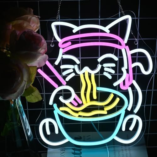 LUCUNSTAR Fortune Cat Ramen Neon Led,Neon Mural Japonais à Intensité Variable,Panneaux Néon Pour Mur,Panneaux Néon Pour à Domicile,Pour La Cuisine, La Salle à Manger, Les Cadeaux de DéCoration Murale