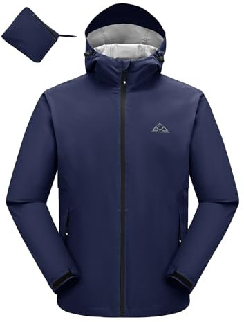 donhobo Outdoorjacke Herren Wasserdicht Leichte Faltbare Regenmantel Atmungsaktiv Fahrrad Regenjacke Sportjacke mit Kapuze (Marine, XL)