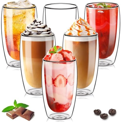 TKNO Set of 6 450ml Double Walled Tall Coffee Glasses Mugs Cups, for Coffee Tea Milk Juice Ice Cream Dessert Borosilicate Heat Resistant Large Glass Cups, Microwave Safe, Ideal for Hot and Cold Drinks
