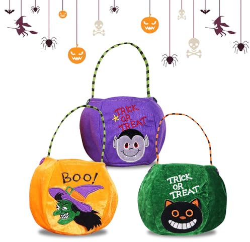 KASESSS 3 Pezzi Sacchetti Caramelle di Halloween, Borsa per Zucche Halloween, Sacchetti Regalo di Halloween, Zucca Porta Caramelle, Bustine Regalini Fine Festa Bambini con Manici per Festa Halloween