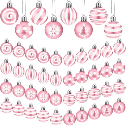 Lot de 24 boules de Noël roses et blanches à suspendre pour sapin de Noël, décoration de sapin de Noël en plastique pailleté à rayures et flocons de neige pour la maison, l'intérieur et l'extérieur