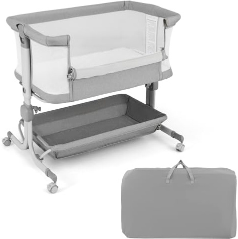 LIFEZEAL Baby Beistellbett 6 Stufig Höhenverstellbar, Babybett mit Matratze & Rollen, Tragbares Reisebett für Baby 0-6 Monate, Stubenwagen mit Aufbewahrungskorb (Hellgrau)