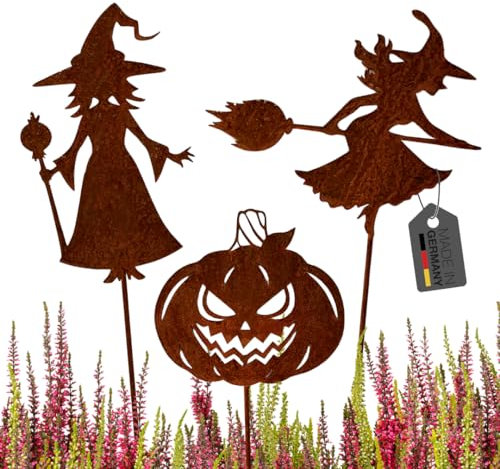 Terma Stahldesign Rostfigur Gartenstecker 3er Set Halloween Hexen mit Kürbis mit Spieß 40-45cm tolle gartendeko aus Rost-Metall, deko rostoptik, Rostfiguren Helloween Deko