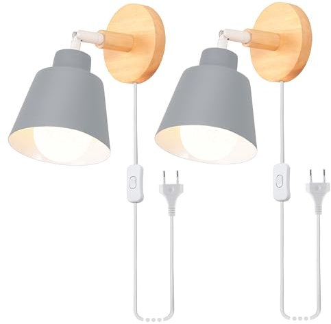 iDEGU 2 Pack Appliques Murales Rétro Vintage E27 Luminaire Industriel en Bois et Métal Réglable Lampe Murale Interieur avec Prise et Interrupteur Applique Moderne pour Chambre Salon Café (Gris)