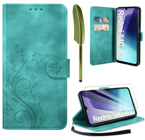 AROYI Lederhülle Kompatibel Mit Xiaomi Redmi 14C/Poco C75 4G Hülle Und Schutzfolie, Flip Wallet Handyhülle PU Leder Case Schutzhülle Dunkel Grün