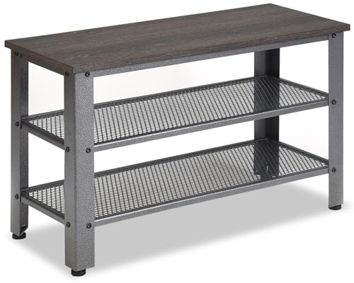GIANTEX Schuhbank, Schuhregal mit 2 Gitterablagen, Sitzbank mit Stauraum, Schuschrank Industriedesign aus Metall & Holz, Flurbank mit 4 Fußpolster, Lagerregal für Eingang Wohnzimmer, Grau 73x30x45 cm