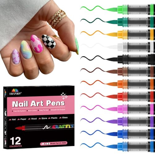 EBANKU 12 Colors Nail Art Pens Set - Quick-Dry Acrylic Paint Markers Salon-Grade Nail Polish Pens Dotting Liner Pen Tools for Graffiti DIY Home Manicure & Professional Design