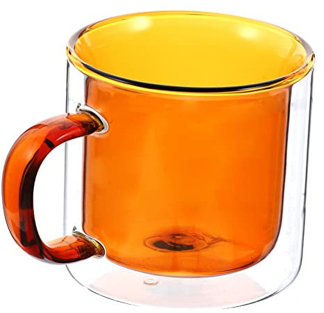 HEMOTON Double Layer Glass Coffee Mug 250ml Yellow Inner Cup Heat Insulated Glass Cup Handle for Hot and Cold Beverages