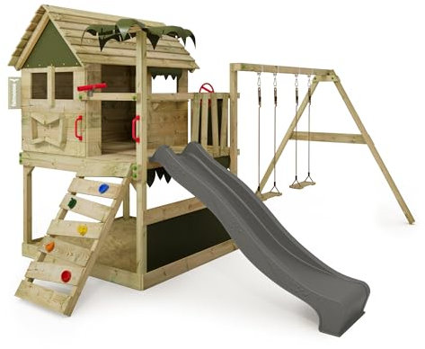 FATMOOSE Spielturm Klettergerüst TikaTaka Town XXL mit Schaukel & anthraziter Rutsche, Outdoor Kinder Kletterturm mit Sandkasten Leiter & Spiel-Zubehör für den Garten