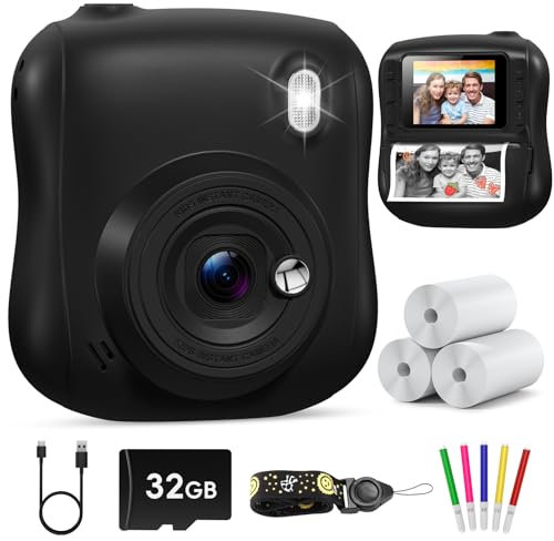 Hangrui Kids Camera Instant Print, 2.0'' Instant Camera for Kids with 32GB Card & Print Paper, 14MP 1080P Kids' Digital Cameras, Christmas Birthday Gifts Toy for Girls & Boys Aged 3-10 -Black