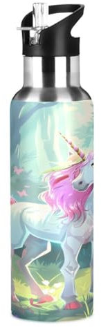 Mnsruu Botella de agua de unicornio de dibujos animados, termo de acero inoxidable con aislamiento al vacío