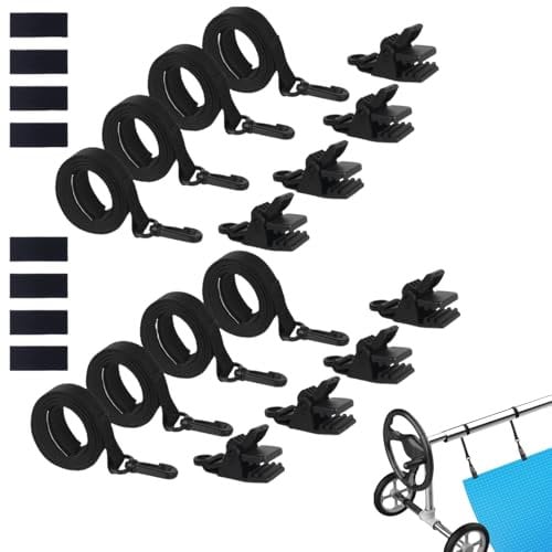 Sangle Enrouleur bache Piscine, Lot de 6/8 Sangles de Protection pour bâche de Piscine, Enrouleur de Piscine, Lot de 6/8 Bandes de Fixation et Pinces, Accessoires de Piscine (Lot de 8 pièces)