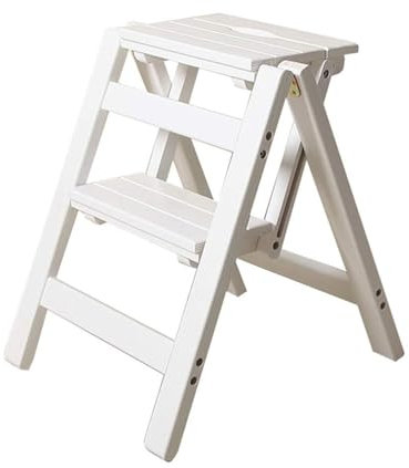 HKLJHCVA-OU Escalón de Paso Escalera Plegable de Madera Blanca de 2 peldaños con Taburete - Diseño Ligero con Pedal Antideslizante for Biblioteca doméstica - Capacidad de 150 kg