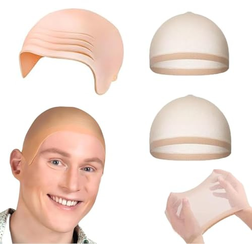 Latex kahle Kappe, Glatze Perücke Kappe mit 2 Stück Haarnetz, Dicke Glatzenmütze Glatze Perückenkappe Glatzkappe Bald Cap, Fancy Kleid Cosplay Hut Kostüm Zubehör für Halloween, Maskerade, Glatzenkopf