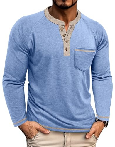 LAOARA Mens Henley Shirts Long Sleeve Fashion Button T-Shirt Lightweight Tops with Pocket Blue