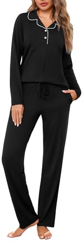 Jahetuul Ensemble Pyjama Femme Coton Confortable Longues Manches Col en V Haut Boutonné et Pantalon Uni avec Cordon Parfait pour Nuit et Tenue d'Intérieur