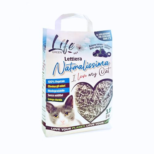 LifeGreen Naturalissima Katzenstreu für Katzen, 2 kg, Aktivkohle, mit Erbsenfaser und Maisstärke, pflanzlich, biologisch abbaubar, klumpend 3,8 l, geruchshemmend