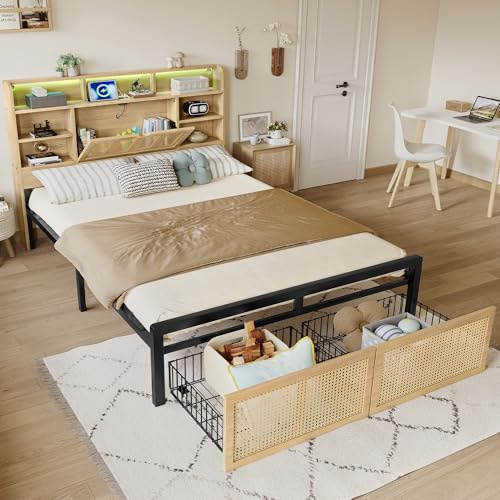 EINHOM 4FT6 Double Bed Frame, Wooden Bed With Charging Station and LED-Lights, Storage Bed with Shelving Headboard and PE Rattan-Style Drawer, MDF+Lron, Wood Colour (No Mattress) (135×190 cm)