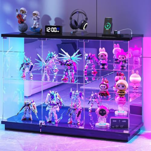 Gurexl Hochglanz Glasvitrine mit GRB Beleuchtung für Wohnzimmer,Schwarz | Vitrinenschrank mit Dynamische Beleuchtung und Intelligente Sensorik,5 Stöckiger Vitrine mit Abschließbare für Esszimmer