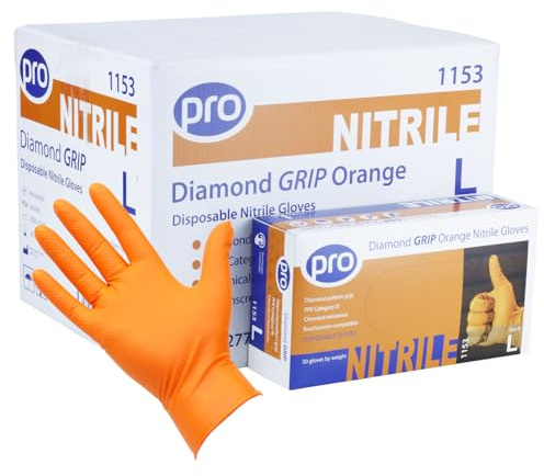 PRO Diamond Grip Orange 8g Nitrile Gloves, Heavy Duty, Large - 500 Pack | Puncture-resistant, textured grip for wet/oily use. EN ISO 374 certified. Latex-free, powder-free. For Mechanics & Industry.