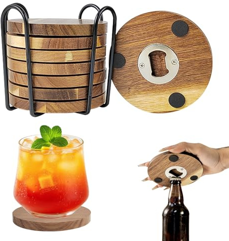 Untersetzer mit Flaschenöffner 8er Set Akazienholz Rund – Multifunktional Holz Untersetzer für Getränke, Bier & Gläser – Praktische Tischuntersetzer mit Halter | Ideal für Bar & Zuhause