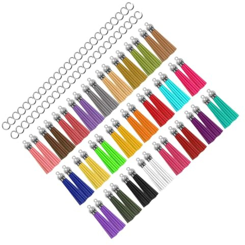 Luxshiny 50 StüCk Lederquasten SchlüSselanhäNger，5.50X1.00X0.50Cm Quasten FüR Handwerk Schmuckherstellung DIY SchlüSselbund AnhäNger Mit Ringen