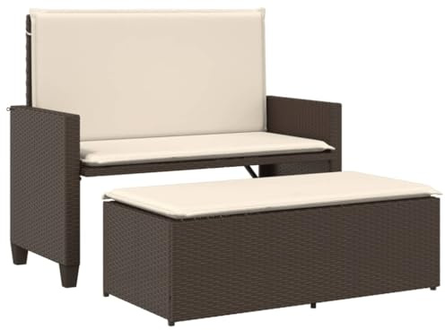 QJBSAVVA Gartenbank 2-Sitzer mit Hocker und Kissen, Poly Rattan Gartensofa mit Schlaffunktion, 2-in-1 Outdoor Lounge Sofa, Verstellbare Rückenlehne, Braun und Cremeweiß