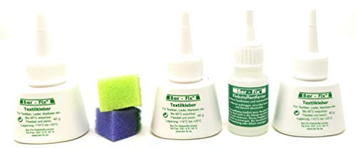 Ber-Fix Starter Set Textilkleber waschmaschinenfest transparent kochfest bügelfest Plus Klebstoff-Entferner (3x 40g Textilkleber, 20g Klebstoffentferner)