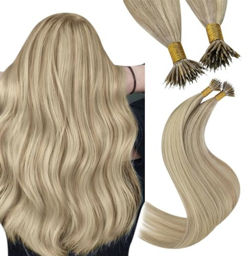YoungSee Haarverlangerung Echthaar Nanoring Goldblond Strahnchen Mittelblond Nanoring Extensions Echthaar 1g Blond Nanoring Extensions 60cm Nano Hair Extensions Nano Ringe Haare Lang 50g #16/22