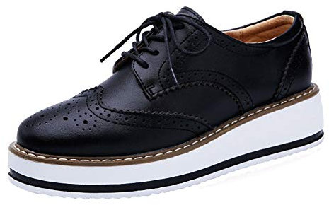 PPXID Damen Halbschuhe Oxford Brogues Schnürhalbschuhe mit Keilabsatz 4.5CM Plateau Sneaker Schuhe,Schwarz B,39 EU