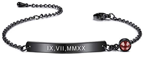 MeMeDIY Personalisiertes Armband Angepasste Gravur Name/Datum/Koordinaten für Frauen Freundin Beste Freundin Knöchelgelenk aus Edelstahl Geburtsstein Bar-Armband mit Verstellbarer Kette (Schwarz)