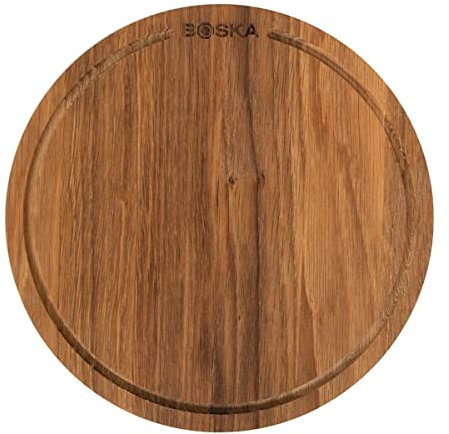 BOSKA Pizzabrett Friends S/Servierbrett aus Eichenholz/Pizza, Tapas und kleinere Speisen/Praktische Auffangrinne/Braun / ⌀ 24 cm