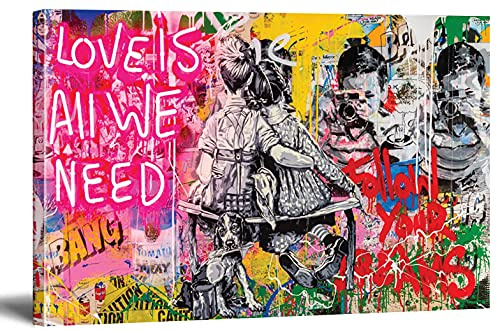 MJEDC Banksy Bilder Leinwand Love is All We Need Graffiti Street Art Leinwandbild Fertig Auf Keilrahmen Kunstdrucke Wohnzimmer Wanddekoration Deko XXL (50x70cm(19.7x27.6inch))