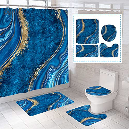 beifivcl 4Pcs Luxury Marble Shower Curtain Sets, Toilet Lid Rug,Bath Mat and Contour Mat, Shower Curtain with 12 Hooks for Bathroom Set Decor 72 x 72 Inch, Blue