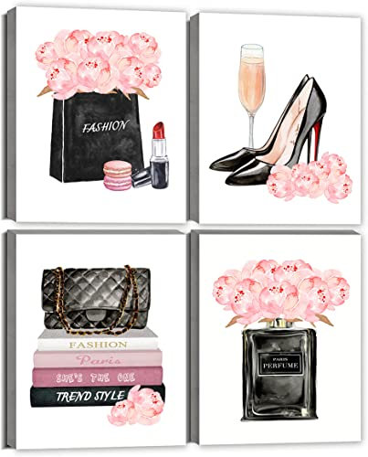 Pink Makeup Room Wall Art Fashion Perfume Flowers Handbag Poster Pictures Canvas Prints Framed for Women Bedroom Rose Gold Room Decor