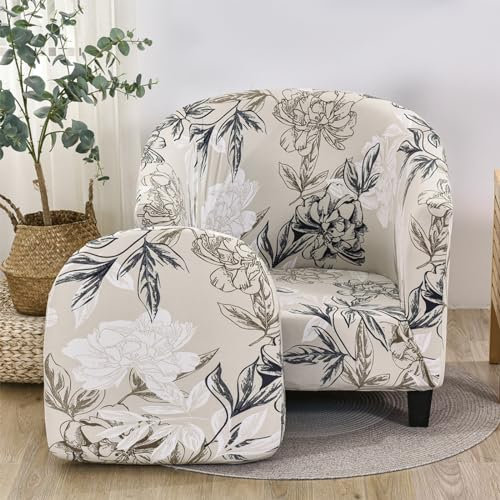 Highdi Housse de Fauteuil Extensible 2 Pièces Cabriolet Chesterfield Couverture de Fauteuil Imprime Fleurs Classiques avec Housse de Coussin pour Salon Chambre Décor (Fleur Blanche)