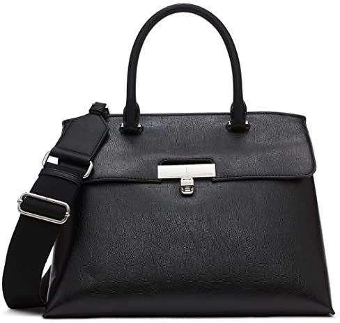 Calvin Klein Damen Turn Lock 2 in 1, Vegan Leather, 3 Pockets Becky Turnlock Satchel, Schwarz/Silber gewachst